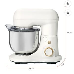 White Countertop Stand Mixer With Flat Beater, Dough Hook, and Balloon Whisk